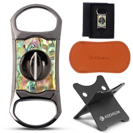 KEENSUN Zinc Alloy V-Cut Cigar Cutter (60 Ring Gauge), Gun Metal Color and Yellow Resin Shell, Stainless Steel Cutting Blade,2 Pack Set with Gift Box (Cigar Cutter and Stainless Steel Cigar Holder)