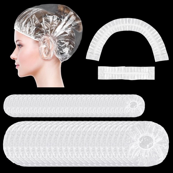80PCS Large Disposable Shower Caps with 50PCS Ear Shower Caps, MORGLES Waterproof Plastic Hair Caps for Shower, Coloring Hair, Conditioning in Home Hotel Travel