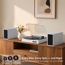 Vinyl Record Player with External Speakers, Vintage 3-Speed Turntable with Dual Speakers, Bluetooth Music Playback, MP3 PC Encoding, AUX Input Headphone Jack and RCA Out, Light Pink