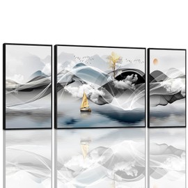 Abstract Wall Art - Large Black and Blue Room Decor Modern Luxury Wall Art for Living Room Canvas Art for Master Bedroom Office Wall Decor Set of 3 Framed Wall Art (16 x 24inches x2 24x32inches x1)