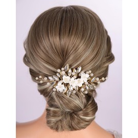 Teyglen Gold Rhinestone Flower Wedding Hair Comb Bridal Crystal Pearl Hair Comb White Flower Headpiece Floral Hair Jewelry Accessory for Women(Gold)