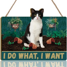 KAIRNE Funny Black Cat Sign,Black Cat Quotes Hanging Sign,Cat Bathroom Wall Decor I Do What I Want,Bathroom Hanging Sign,Gifts for Cat Lovers,Plants Pet Kitty Kitten Wood Plaque Toilet Home Decor