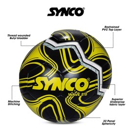 Synco Wave 2.0 Football Black - Size 5 Training & Practice Ball Machine Stitched 32 Panels Robust PVC Suitable for Soft Soils & Natural Grass -1011