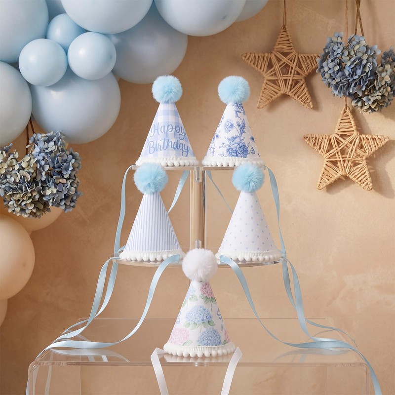 Eaasty 5 Pcs Mini Hydrangea Blue Gingham Stripe Party Hats