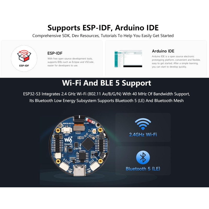 ESP32-S3 1.43inch AMOLED Display Development Board, 466×466 Resolution 16.7M Color
