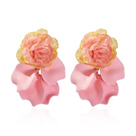 GUOXIAOMEI Chiffon Acrylic Rose Petal Earrings Dangle Exaggerated Flower Earrings Drop Statement Floral Tassel Light Weight Earrings Valentine's Day Gift (Pink)