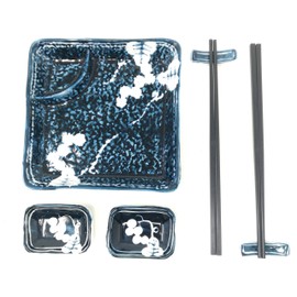 TJ Global Ceramic Square Shape Japanese Sushi for 2 Set, One Plate, Two Chopstick Holders, Two Pairs of Chopsticks, and Two Soy Sauce Dishes, Glazed (#1)