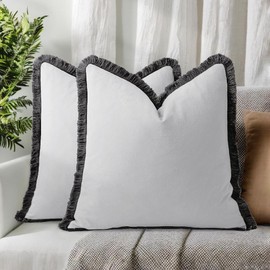 TINYSUN Decorative Cotton-Linen Fringe Throw Pillow Covers Set of 2 - Cozy Boho Square Cushion Covers with Colorful Tassel Soft Accent Pillowcase for Sofa and Bed Home Decor (Frost White,18x18 Inch)