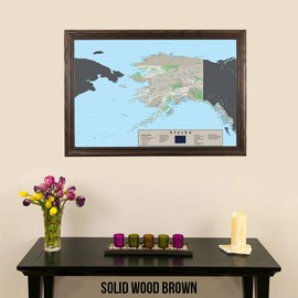 Alaska Push Pin Travel Map with Pins - Earth Toned - Solid Wood Brown Frame - 27.5 inches x 39.5 inches