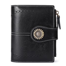 Women's soft genuine leather wallet with 16 card slots short wallet and blocker RFID Leather, black