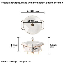 jinsongdafa Ceramic Mini Casserole Dish with Glass Lid and rack, 13.5 Ounce Serving Soup Tureen, Chafing Dish for Individual Portion, Chocolate fondue, 6Inch Fondue Pots Sets for Party Bakery Desserts