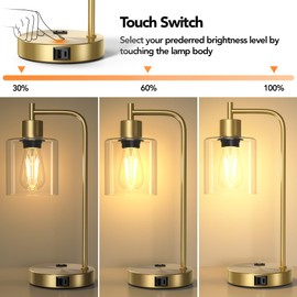 QiMH Set of 2 Industrial Touch Control Table Lamps with 2 USB Ports and 2 AC Outlets, 3-Way Dimmable Bedside Nightstand Reading Lamps with 2700K LED Bulbs, Glass Desk Lamp for Living Room,Bedroom