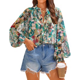 ZESICA Women's Floral Print Blouse 2025 Long Sleeve Button Down Casual Fall Boho Oversized Tops Shirts,Pink Green,Large