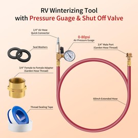 RV Winterizing Kit Winterize Sprinkler Blowout Adapter with Integrated Pressure Gauge Shut Off Valve and 1/4”Industrial Plug Air Compressor 3/4" GHT for Motorhome Boat Camper Travel Trailer red