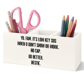 VIIJJUE Funny Wooden Pen Pencil Holder for Home Office Desk, Humorous Desk Accessories Gifts for Students Coworkers Friends, Back to School Supplies, It's Low Key Sus When U Don't Show Ur Work