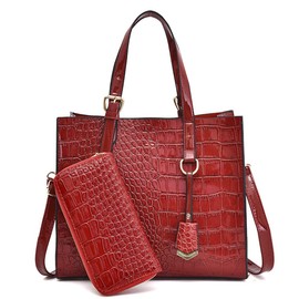 Caalaay Women Handbags and Wallet 2Pcs Set Glossy Crocodile Pattern Leather Purses Satchel Handbag Tote Bags Shoulder Clutch, Red, One Size