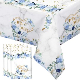 MEHOFOND 3pcs Blue Mr & Mrs Plastic Tablecloth, Floral Wedding Party Disposable Table Cover, Hearts Geometric Bridal Shower Table Cloth, Bride to Be Engagement Party Decorations,108 x 54 Inch