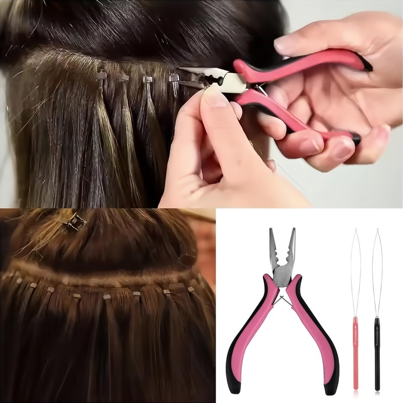3 Stück Microring Extensions Zubehör, professionelles Nano-Haarverlängerungswerkzeug,Extensions Zange und Schlaufeneinfädler,