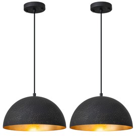 Yezgge 11.8" Farmhouse Pendant Light,Black with Gold Grain Industrial Dome Chandelier,Adjustable Vintage Pendant Lights Kitchen Island for Dining Room,Bedroom,Hallway,2 Pack