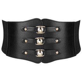 Wovanoo Women Stretchy Belt for Dresses Vintage Elastic Wide Waist Belt PU Leather Corset Cinch Belt Black 65cm