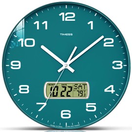TIMESS Wall Clock, 12" Dial Non-Ticking Silent Battery Operated Analog with LCD Display for Perpetual Calendar and F° Temperature, Ideal Modern Home, Bedroom, Kitchen, Office Decor (Green)