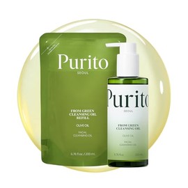 PURITO From Green - Juego de aceites limpiadores (original + repuesto), sin fragancia, limpiador de aceite vegano suave para cara y ojos, para protector solar y maquillaje impermeable, cuidado de la