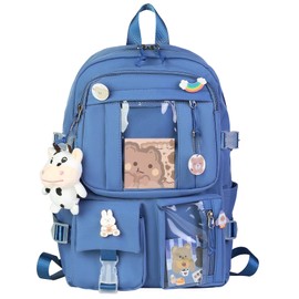 HORHEAR Kawaii Backpack with Cute Pin Accessories, Kawaii Plush Toy Animal Pin and Cartoon Card, Kawaii Backpack, School Backpack(Style-2-darkblue)