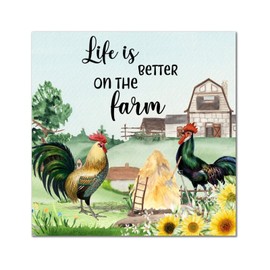 Life Is Better on The Farm Rooster Wooden Sign Farmhouse Farm Harvest Wall Plaque Happy Thanksgiving Wall Art Sign Wood Decor Farmhouse Wall Hanging Plaque For Home Family Living Room Bedroom 12x12in
