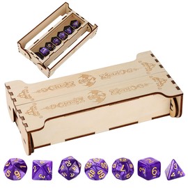 LKKCHER DESIGN D&D 7Pcs Polyhedral Dice with Box, Fantasy Pterosaur Dice Storage Box, Wooden Board Game Container, Role Playing Games Accessories, Tabletop Gaming Case, Presents for DND Gamer
