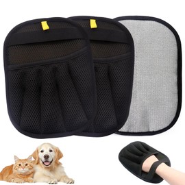 2Pcs Pet Hair Removal Glove for Cats & Dogs, with 2Pcs Toothbrush, Upgraded Five-Finger Electrostatic Pet Hair Gloves, Washable Reusable Pet Hair Remover Tool for Clothing, Couch, Carpet, Car Seat