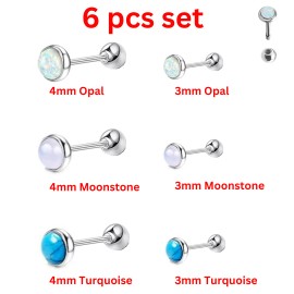 Unbranded 6 PCs SET 18G Opal Moonstone Turquoise Steel Ball Ear Helix Tragus Stud Barbell