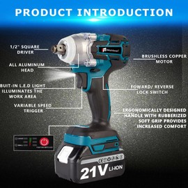 iMeshbean Cordless Impact Wrench 21V,1/2"" Powerful Brushless Impact Wrench,Max Torque 520N.m,Impact Wrench with with 1 Pack 7.8Ah Battery,Fast Charger,4 Size Socket Set