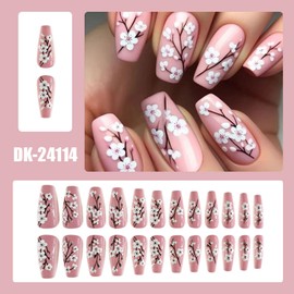 Pink Winter Press on Nails Medium Flower Fake Nails Pink Coffin False Nails With 3D White Plum Blossom Design Glossy Glue on Nails Coffin Acrylic Nails Autumn Winter Medium Stick on Nails for Women