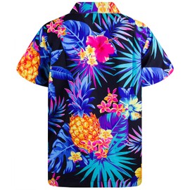KING KAMEHA Men's Pineapple-Desings Summer-Party-Shirts Short-Sleeve, Pineapple, Black-Blue, XXL