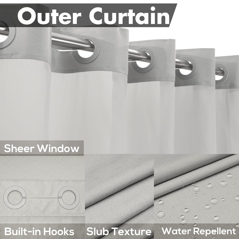 Extra Long No Hook Slub Textured Shower Curtain with Snap-in