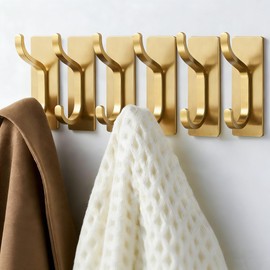 pickpiff Adhesive Wall Coat Hooks - Heavy Duty Stick-On Door Hanger, Metal Hook for Hanging Towel,Purse, Robe, Backpack, Jacket, Clothes - for Bathroom,Dorm, Closet, Kitchen - Gold, 6 Pack