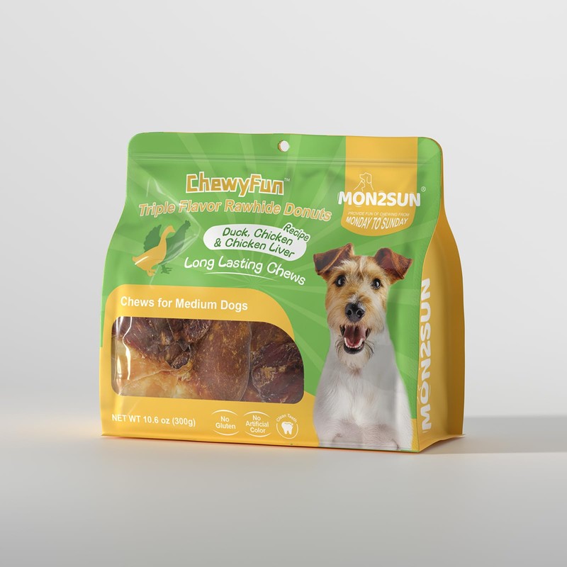 MON2SUN Dog Treats, 3-3.5 Inch Triple Flavor Wrapped Rawhide Donuts,
