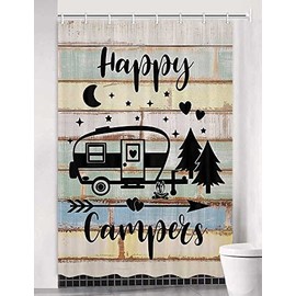 Happy Camper Shower Curtain, Camper RV Bathroom Accessories for Travel Trailers, Camping Shower Curtains for Bathroom Shorter and Narrow Stall Fabric Bathroom Set Decor Hooks Included… (48X72)