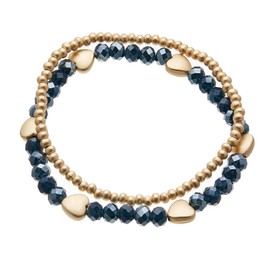 Bello London Set of two stretch Bracelets with matt gold plated hearts and navy blue beads - Yori B24-21