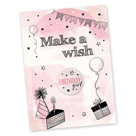 Papierdrachen Postcard with Button | Make a Wish for Sending and Giving | Pink Design | 35 mm Button Printed with Birthday Girl