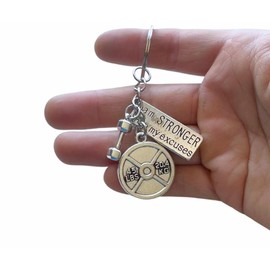 FKC 45 Lbs Weightlifting plate + Small Dumbbell + Motivational tag Keychain (I am Stronger Than My Excuses)