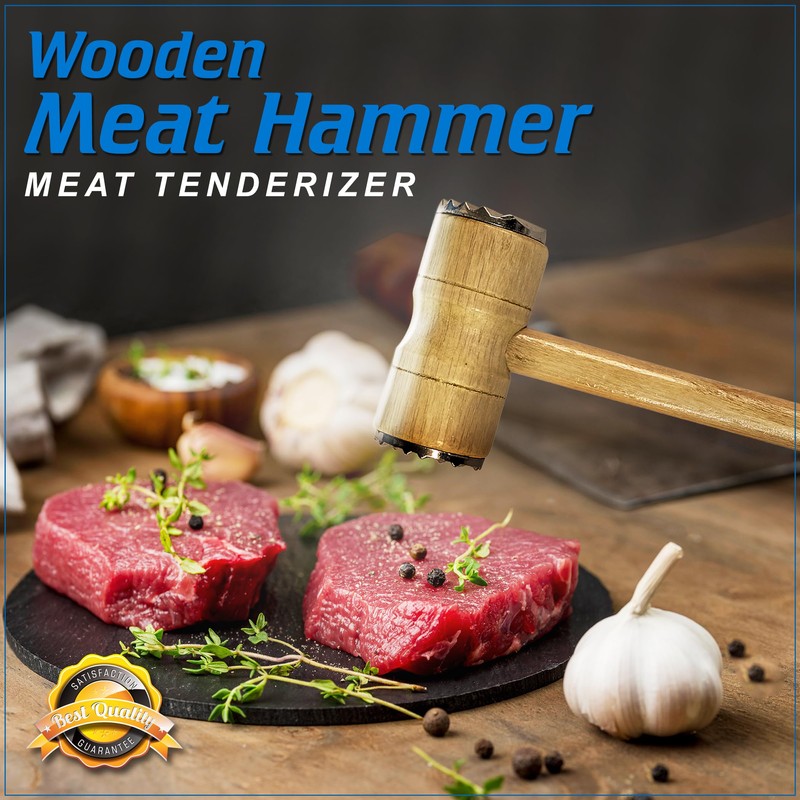 Meat Tenderizer - Meat Hammer, Mallet Pounder,Double-Sided Wooden Handle for