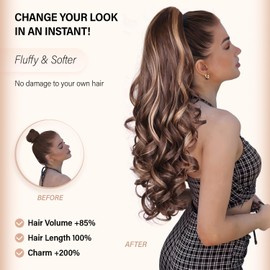 24 Inch Ponytail Extension, Claw Clip Ponytail Hair Extensions, Long Curly Clip in Ponytail Hair Extensions, Synthetic Layered Pony Tail Hair Pieces for Women (Chestnut Brown With Golden Highlights)