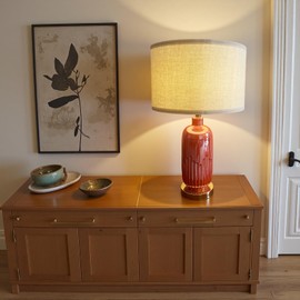 JINGOE Ceramic Table Lamps, Set of 2 Modern Table Lamps for Bedroom Living Room Bedside Tables, Farmhouse Style with Linen Lampshades(Orange)