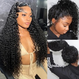 AGADES Deep Wave 360 Lace Front Wigs Human Hair Pre Plucked 200% Density Hd Transparent Lace Frontal Wigs Human Hair with Baby Hair Bye Bye Knots Human Hair Wigs for Women