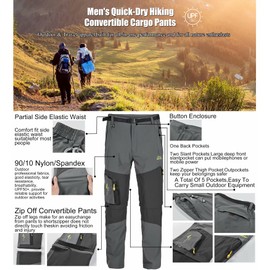 Mens Convertible Hiking Pants, Quick Dry Fishing Pants, Zip Off Stretch UPF 50 Outdoor Camping Pants with 5 Pockets Black Small
