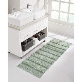 VCNY Home Savannah Collection Bath Rug Runner-Boho Fringe Striped Design-for Bathroom, Hallway, or Kitchen Use, 24" x 60", Sage