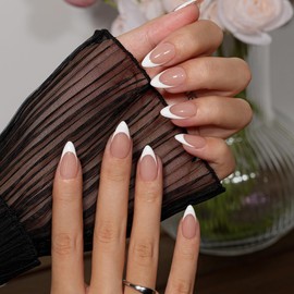 KQueenest 30 Pcs White French Tip Press on Nails Short Almond Nails Press ons, Medium Fake Nails Almond Shape, Natural Fit, Acrylic French Glue on Nails for Women Everyday & Wedding 15 Sizes