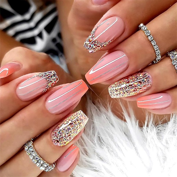 Gradient Pink Press On Nails Short Square,Glitter Fake Nails Acrylic