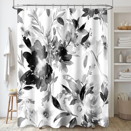 MAYZUS Black and White Shower Curtain 60x72, Watercolor Black Floral Shower Curtain for Bathroom, Modern Abstract Flower Decorative Fabric Shower Curtain Set with Hooks